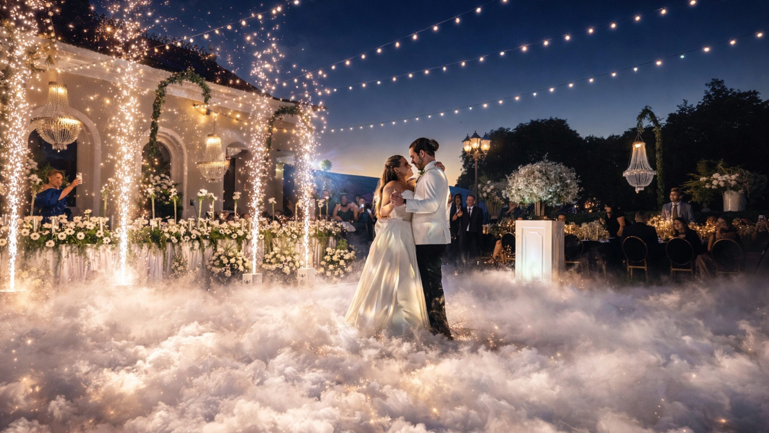 A couple's first dance with dancing on the clouds and cold spark machines