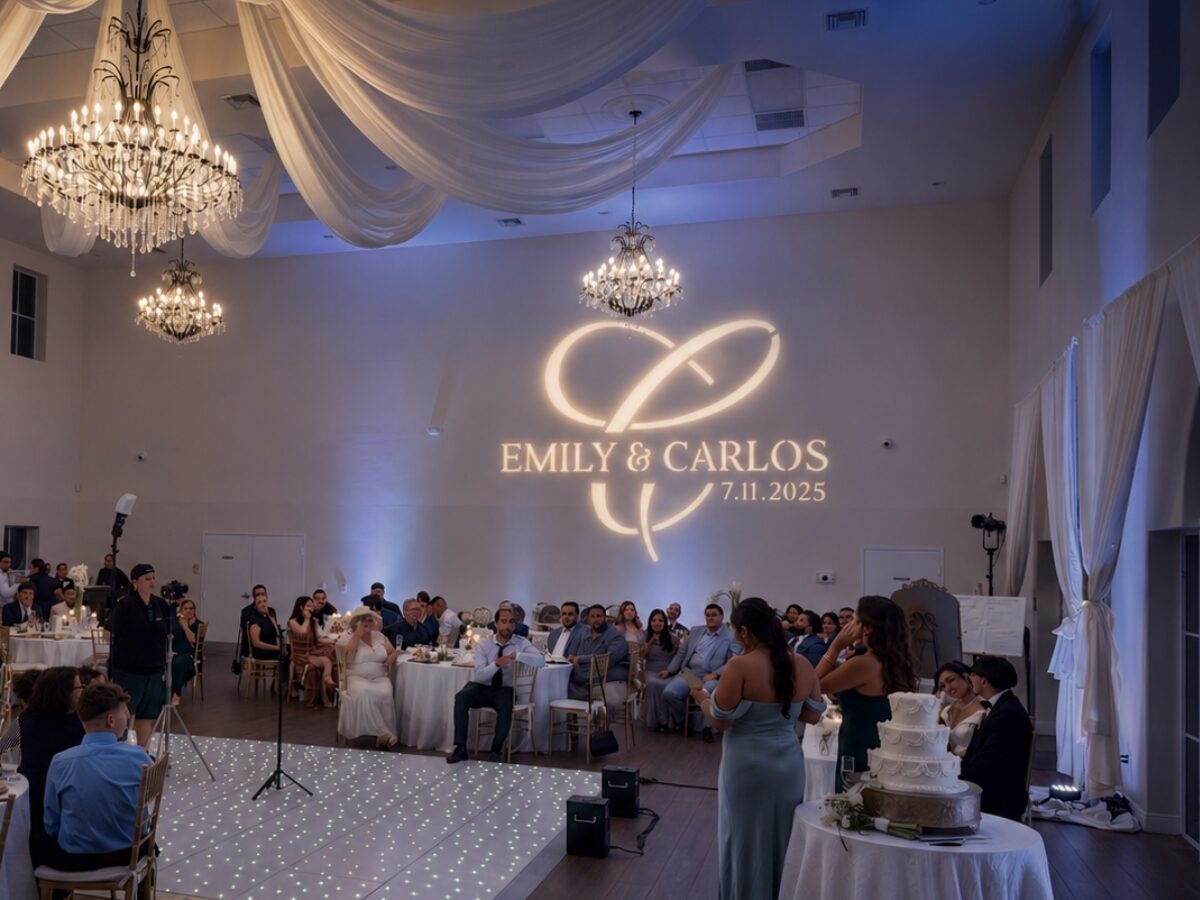 Custom wedding monogram projected on the wall of a Miami venue