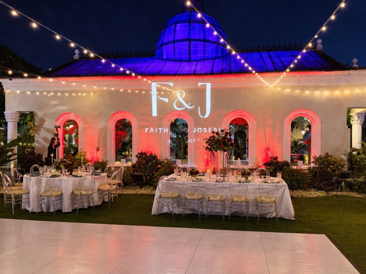 Custom wedding monogram with the couple's initials projected on the venue wall